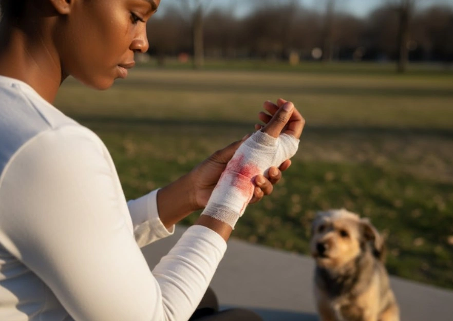 Dog bite injury with bandaged hand highlighting victim rights under California dog bite law