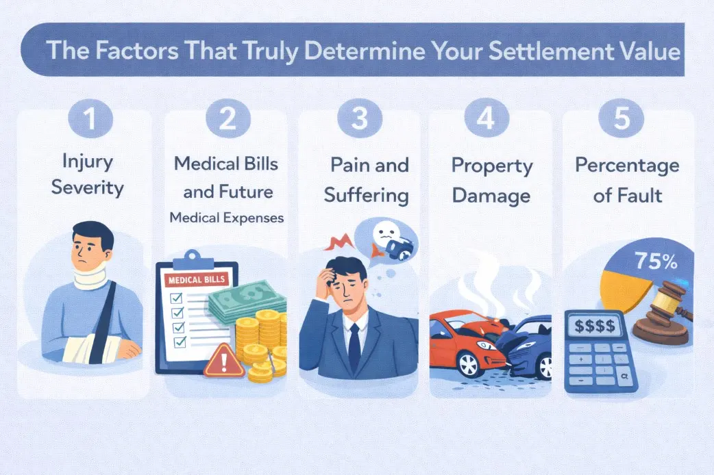 Auto accident settlement calculator interface to help accident victims know their personal injury case worth and compensation value