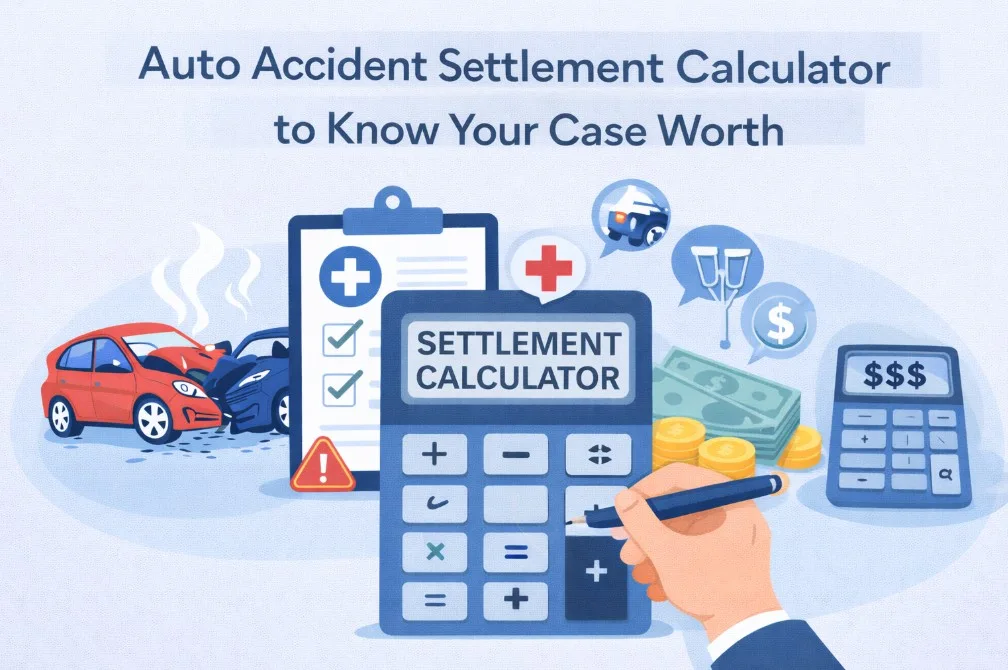 Auto accident settlement calculator tool showing crashed vehicles, medical expenses, and compensation factors to determine personal injury case worth