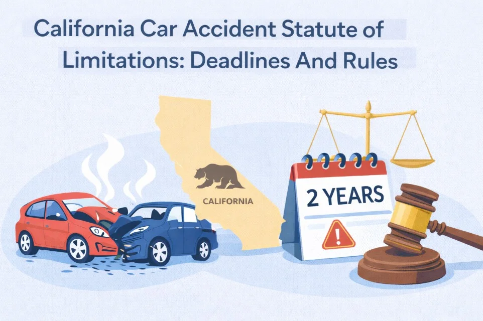 California statute of limitations car accident infographic showing 2-year filing deadline with car collision, gavel, and scales of justice