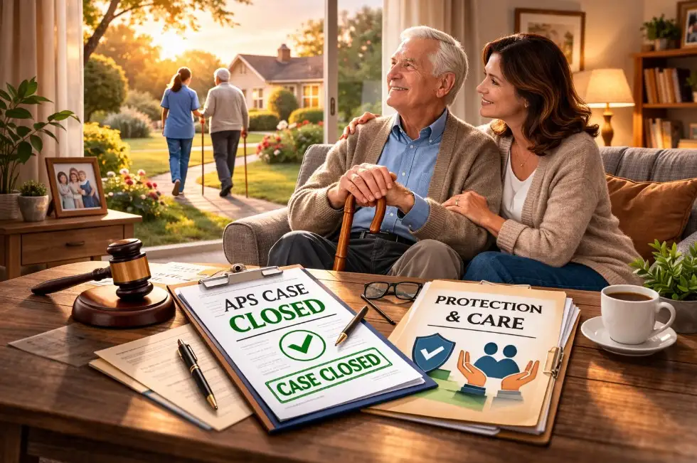 Elderly man and family member reviewing APS case closed documents at home after what happens after APS investigation is resolved