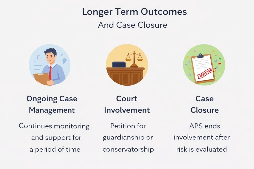 Infographic explaining longer term outcomes after APS investigation including case management court involvement and case closure
