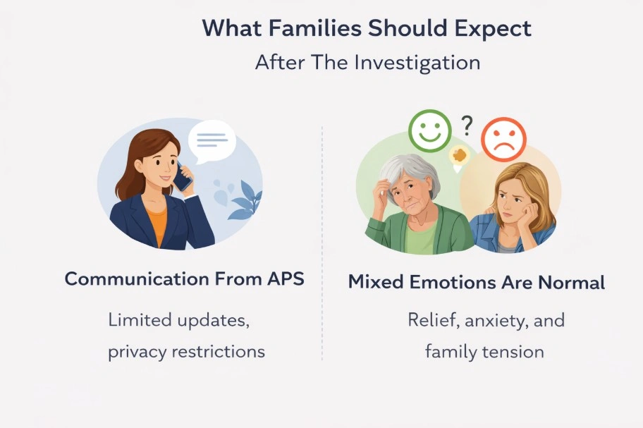 Infographic showing what families should expect after APS investigation including limited communication and mixed emotions