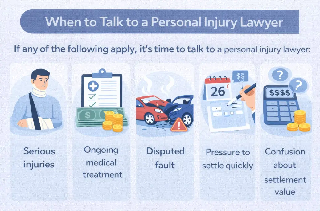 When to contact a personal injury lawyer after an auto accident serious injuries, medical bills, disputed fault, and settlement confusion