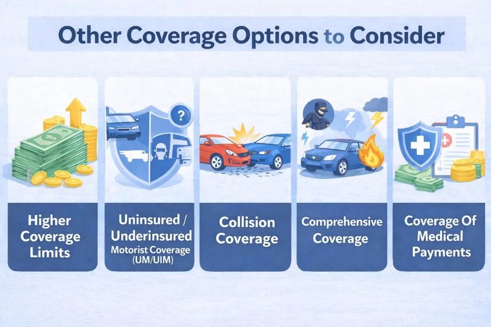 Infographic of additional car insurance coverage options to consider beyond minimum car insurance coverage California including collision comprehensive and UM UIM
