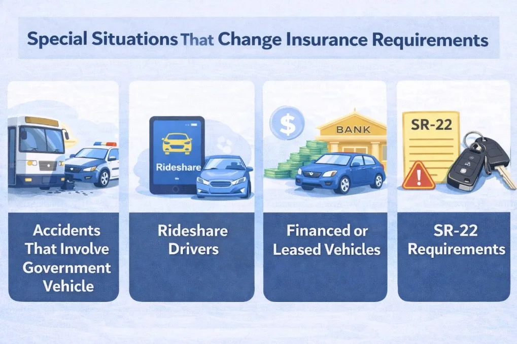 Infographic showing special situations that change minimum car insurance coverage California requirements including rideshare SR-22 and leased vehicles