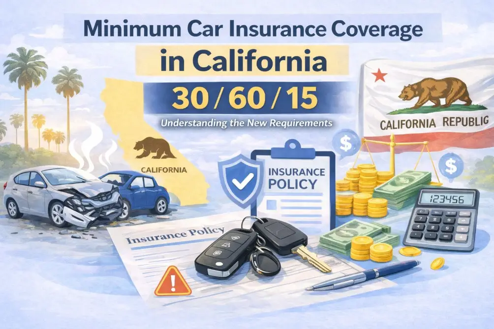 Minimum car insurance coverage California 30 60 15 new requirements illustrated with crashed cars insurance policy documents and California state flag